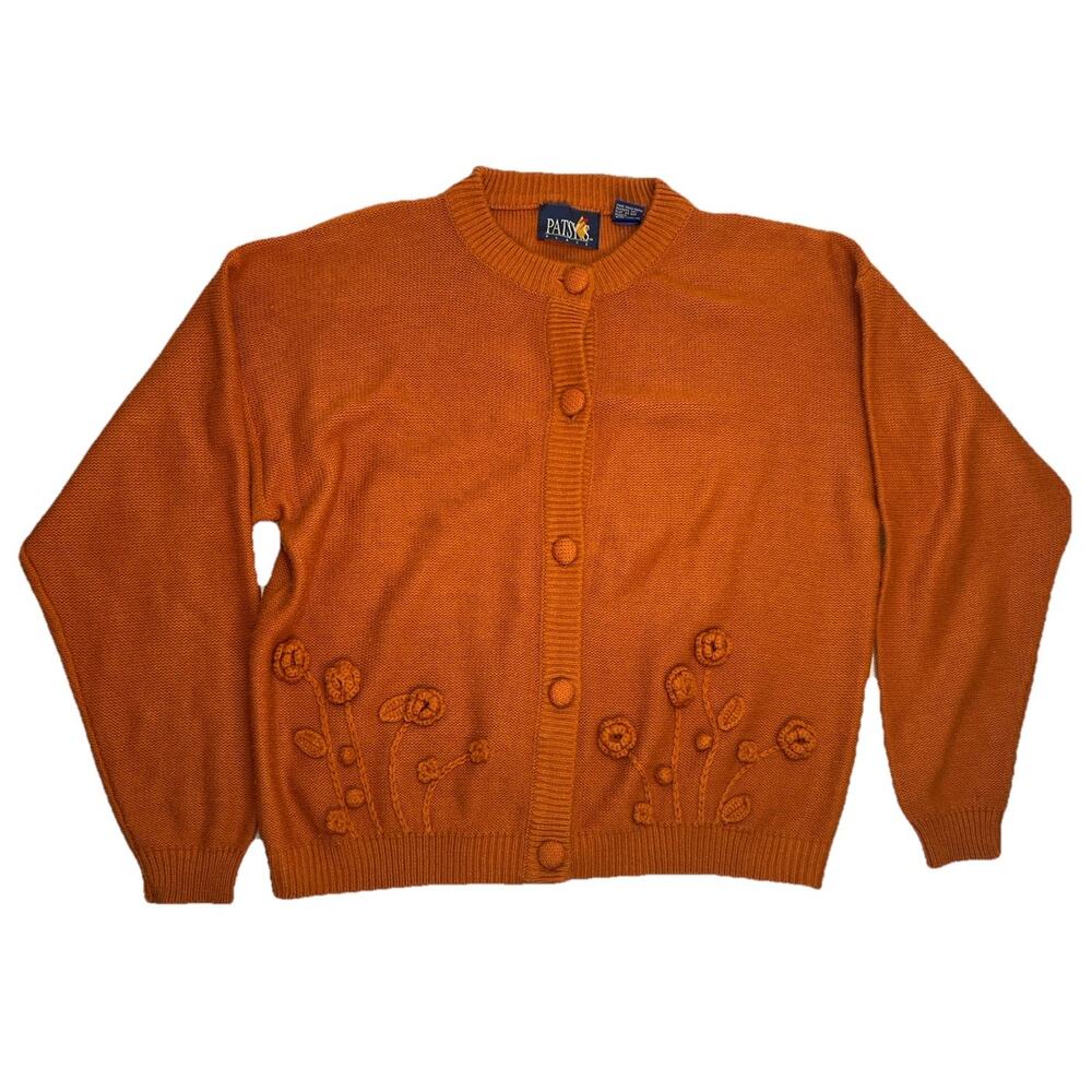 Patsy's Place Button Up Orange Floral Cardigan Knit Sweater Women’s Size Large